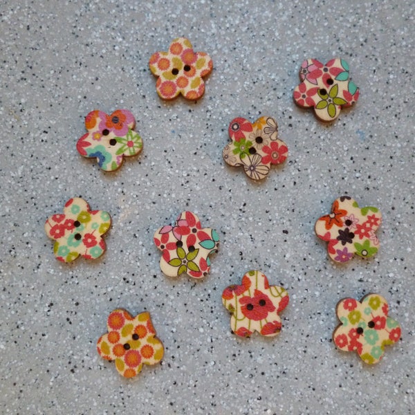 Lot de 10 boutons fleurs en bois deux trous, mercerie, boutons bois, couture