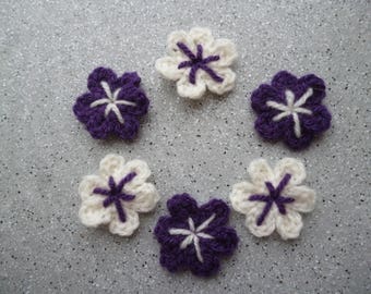 Handmade 6 crochet wool off white and purple flowers