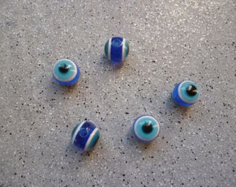 5 Perles oeils rondes 12 mm couleur bleues en résine
