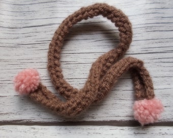 Miniature scarf with brown knit and pink pompoms, handmade, doll
