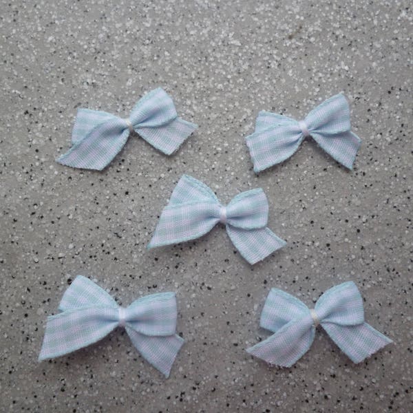 5  Noeuds, appliques en coton de couleur vichy bleu ciel et blanc