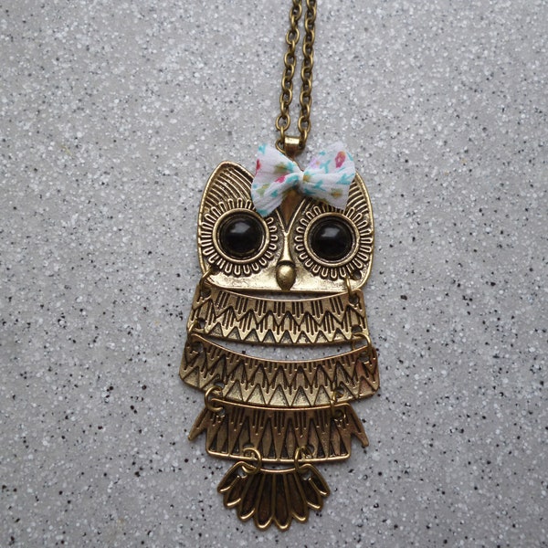 Collier long hibou, chouette en métal bronze, grande chouette en bronze, bijou fantaisie en bronze, bijoux.