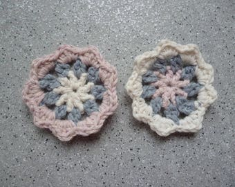 2 flowers crocheted in pink, gray, ecru wool handmade