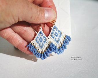 Boucles d'oreilles tissées à franges, bijoux d’oreilles Miyuki, bleu, pendantes d'oreilles Miyuki Artisanat France, Talisa Creation