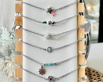 Silver stainless steel chain bracelets with star, hammered bead, shamballa, turquoise glass bead, apatite bead, sun for women