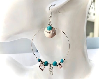 Hoop earrings with hooks in 925 silver with large ring and turquoise ceramic beads with a love theme for women