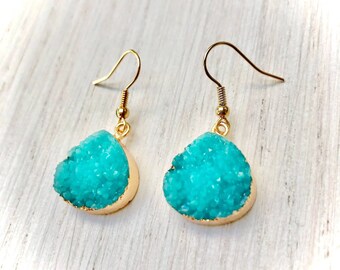 Druzy turquoise charm earrings set in gold with gold-plated hook fasteners for women