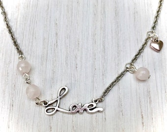 Romantic Amour Love necklace in silver steel chain with rose quartz faceted beads and silver heart for women