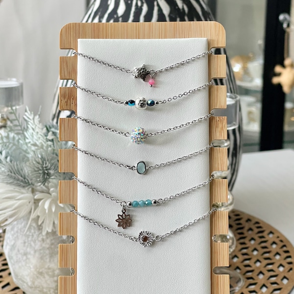 Bracelet chaîne en acier inoxydable argenté avec étoile, perle martelée, shamballa, perle verre turquoise, perle apatite, soleil pour femme