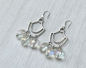 Pendientes de gancho de plata 925 con colgante de candelabro de zamak plateado y cuentas de cristal transparente para mujer