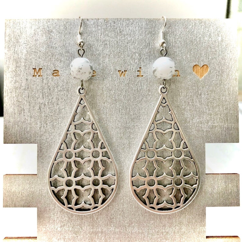Large Drop Charm Earrings in Openwork Zamak and Silver Spotted White Glass Bead With 925 Silver