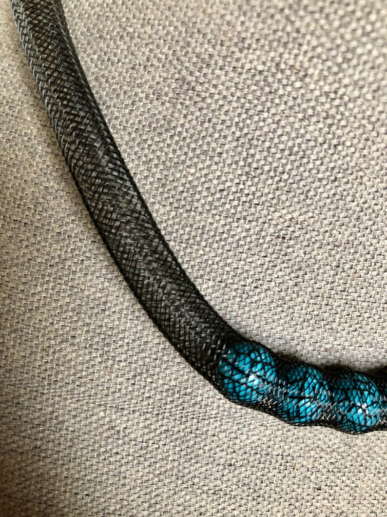 Black fishnet necklace with 5 turquoise and black beads