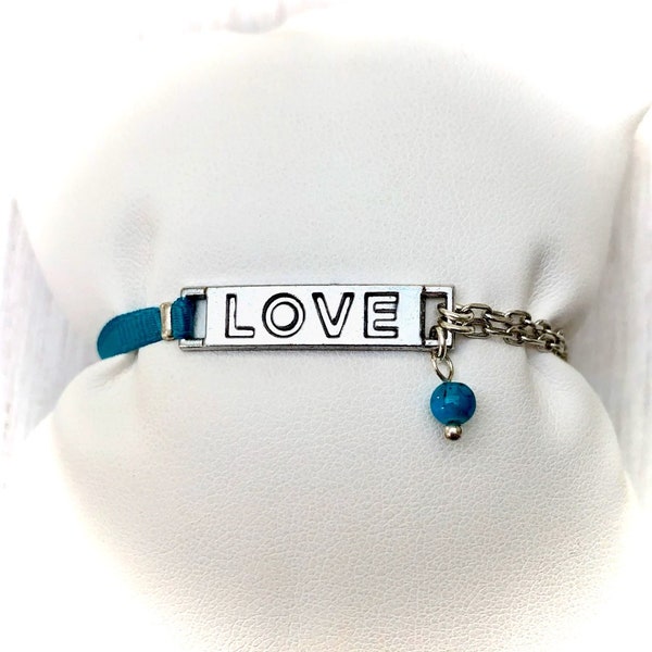 Bracelet bi-matière LOVE avec ruban turquoise et double chaîne en métal argenté  - bracelet love pour femme ou fille