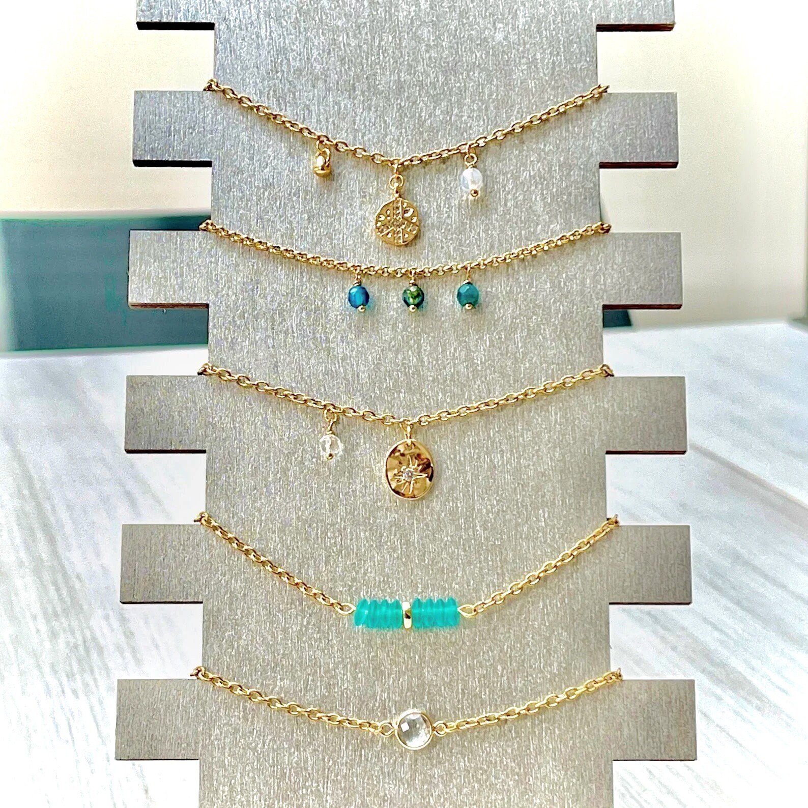 Gold plated stainless steel charm bracelet - medal with zircons - turquoise stone beads - bracelets assortment - Mother's day