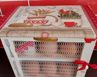 Boite rangement pour 12 oeufs campagne chic en bois décoré " Le petit déjeuner "
