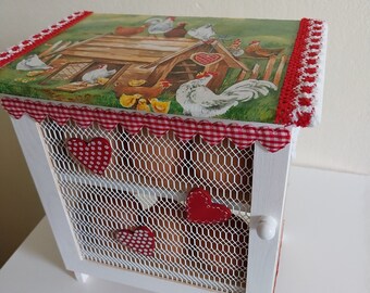 Boite rangement pour 12 oeufs campagne chic " Poules, poussins, coqs, poulailler "