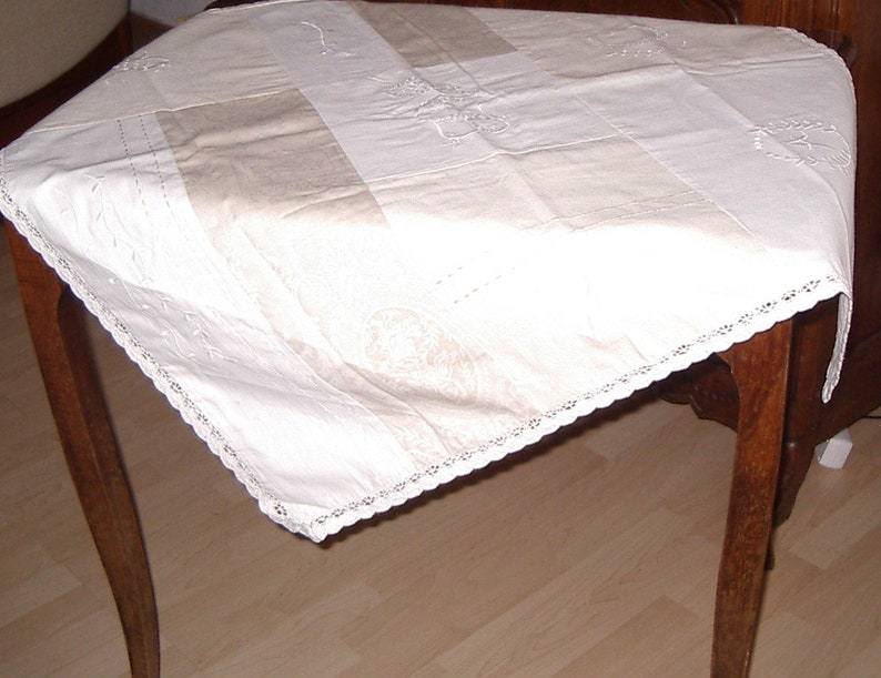 Small Square Tablecloth Embroidered Off White And Beige Linen