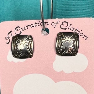 Stainless Steel Handmade Tribal Mexican square stud earrings with etched pattern