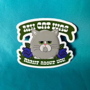 Puede incluir: Una pegatina con un gato de dibujos animados con una expresión gruñona. El gato está rodeado de rosas azules y una pancarta verde que dice "Mi gato tenía razón sobre ti."
