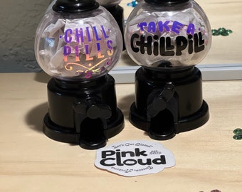 Round Medication or Candy Dispenser with holographic “Pills” phrase