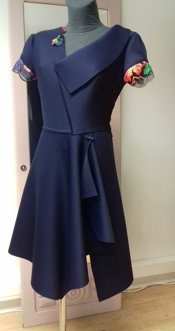 Blue asymmetrical dress in neoprene and lace, unique model