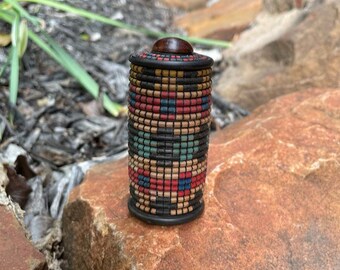Basket Weave Patterned Box with Screw Top, African BlackWood Button on Top