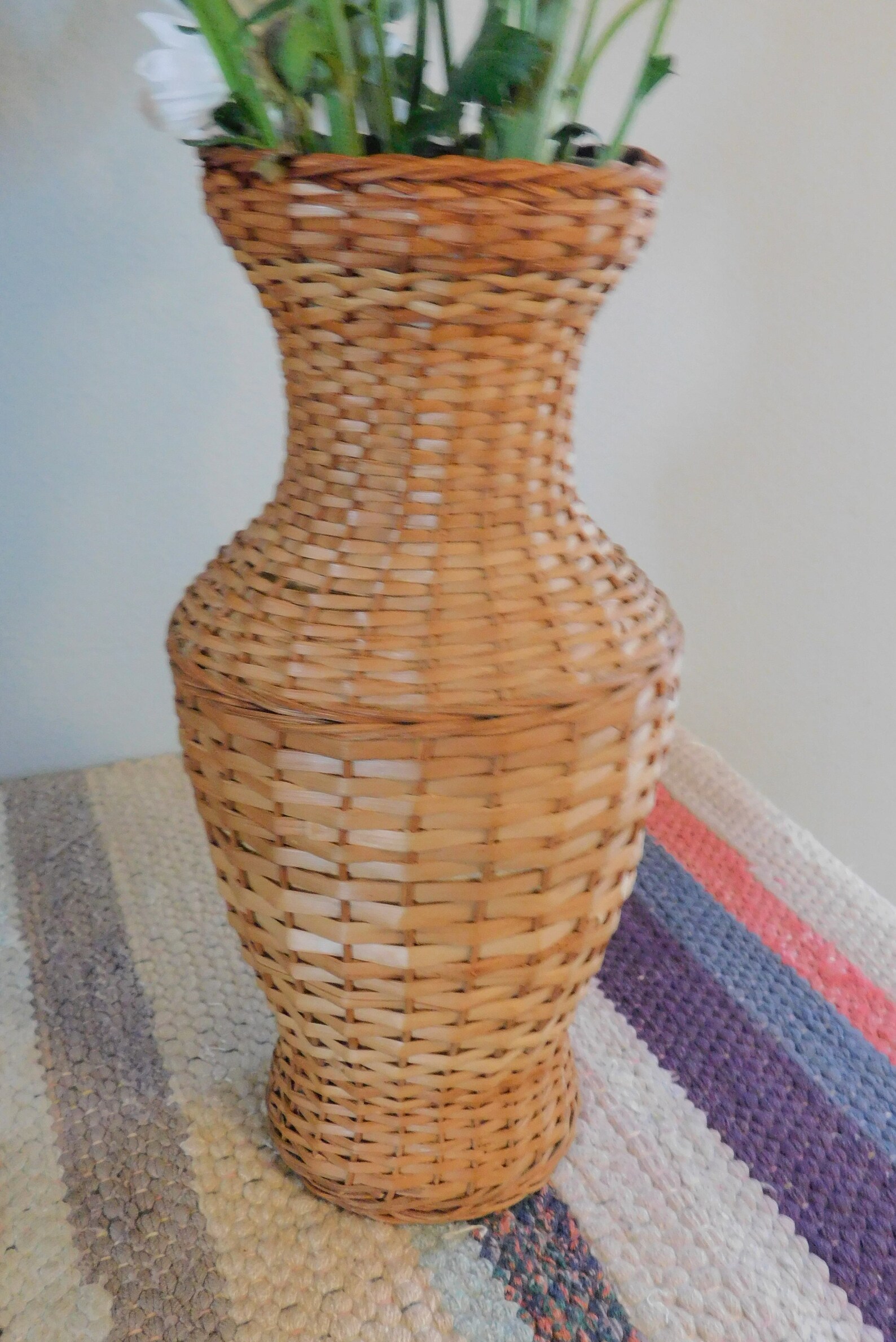 Vintage Wicker Flower Vase Wicker Covered Glass Vase Ratten Etsy