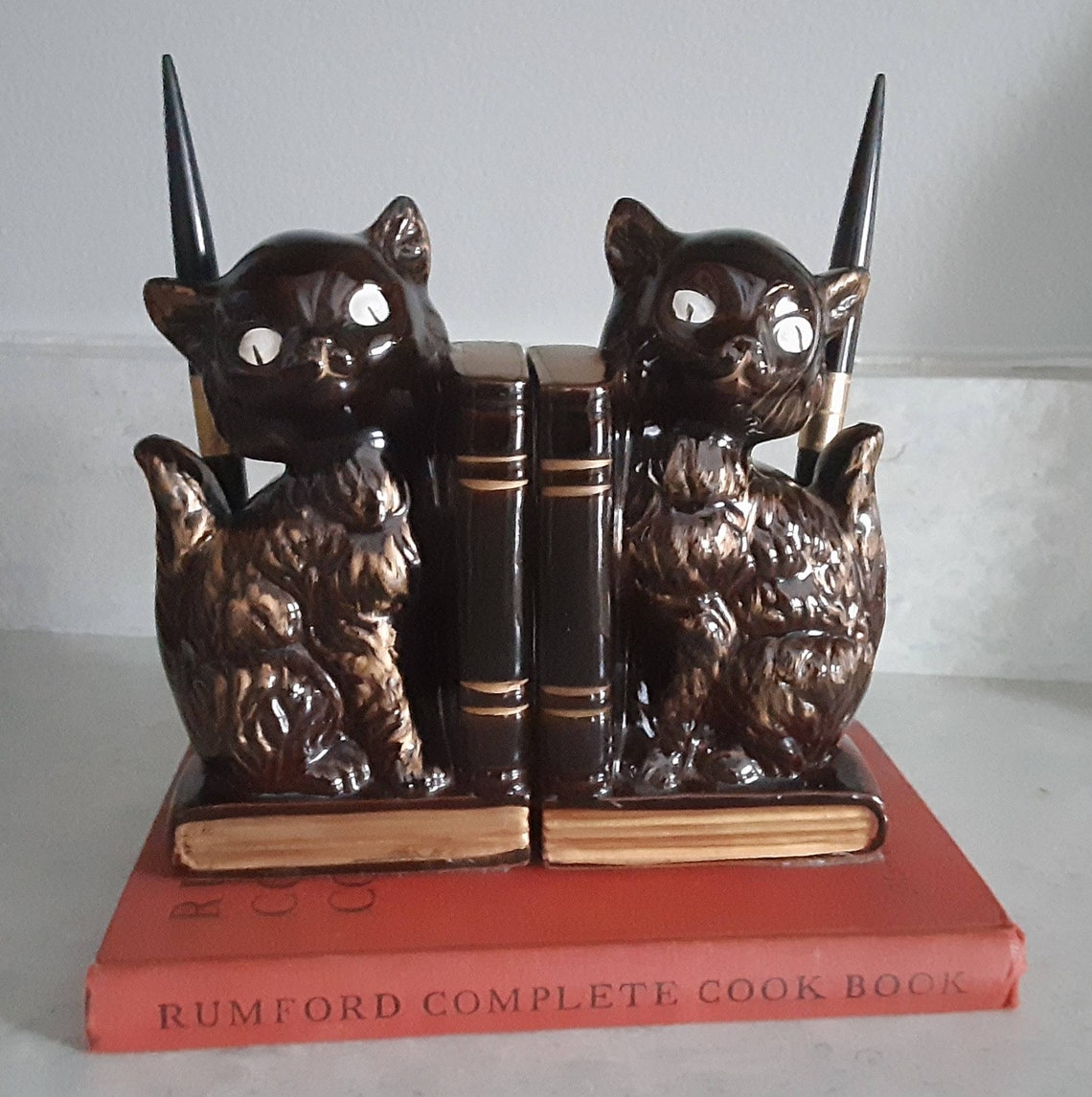Black Cat Vintage Bookends with Pen Holders1950's Red Etsy