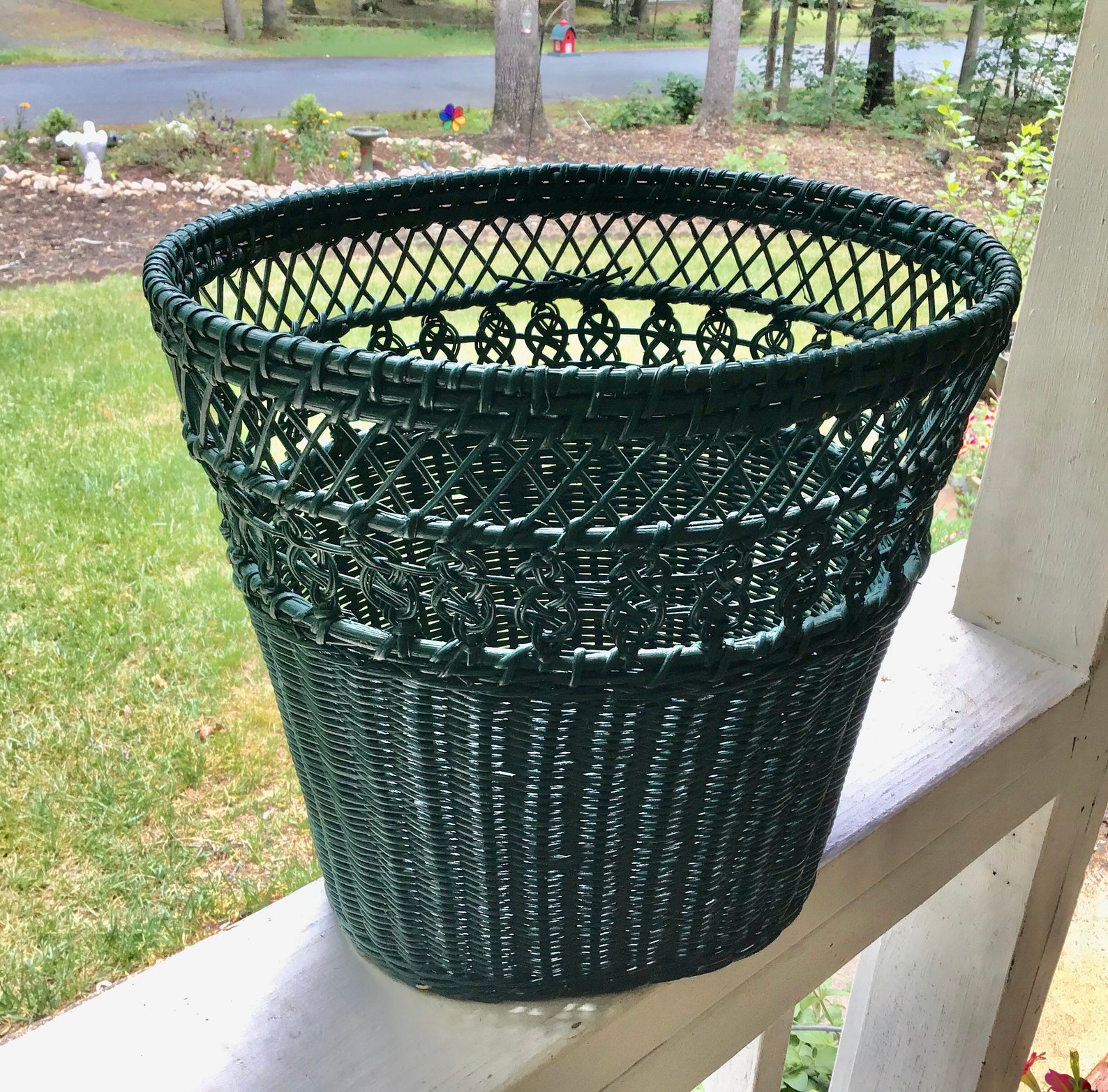 Vintage Green Wastebasket Green Wicker Basket Rattan Trash Etsy