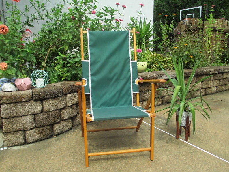 Wood Lawn Chair Vintage Canvas And Wood By Telescope Casual Furniture Mid Century Very Solid Condition Retro Beach Lounge 5 Positions Outdoor Gardening Home Living