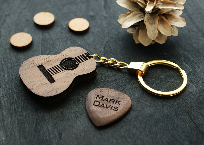 Engraved Wood guitar pick holder keychain box plectrum Custom Etsy