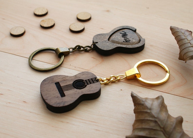 Engraved Wood guitar pick holder keychain box plectrum Custom Etsy