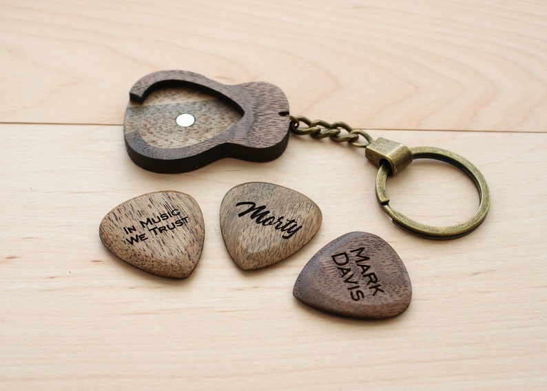 Engraved Wood guitar pick holder keychain box plectrum Custom Etsy