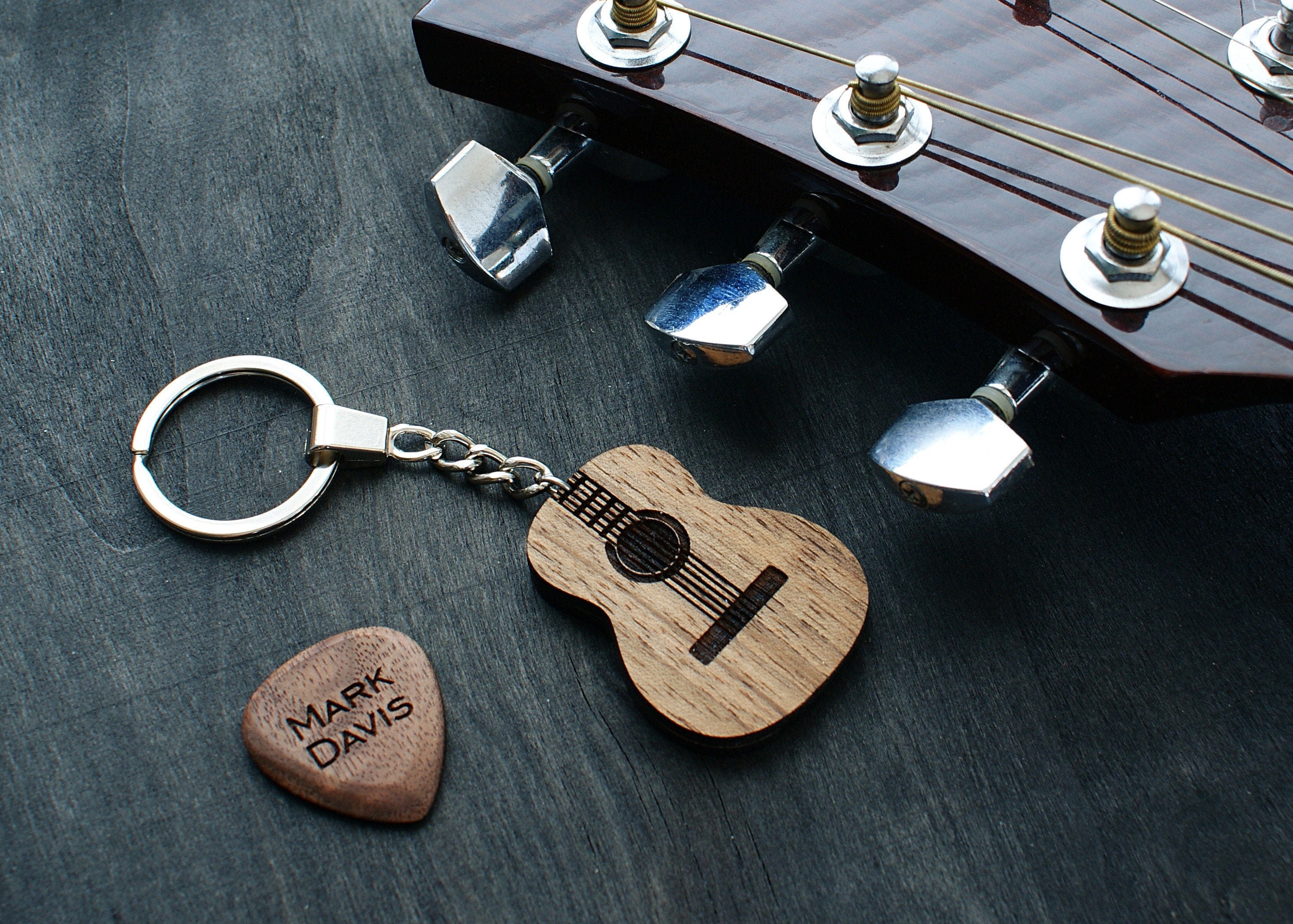 Engraved Wood guitar pick holder keychain box plectrum Custom Etsy