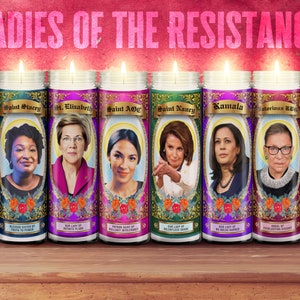 Feminist Prayer Candles 8&quot; Unscented White | AOC | Elizabeth Warren | RBG | Stacey Abrams | Pelosi | Resist | Kamala Harris