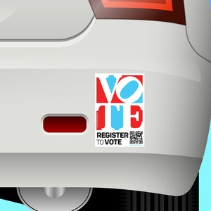 May include: A white car bumper sticker with a red, white, and blue graphic that says "VOTE" and the text "REGISTER TO VOTE" below. A QR code is also included on the sticker.