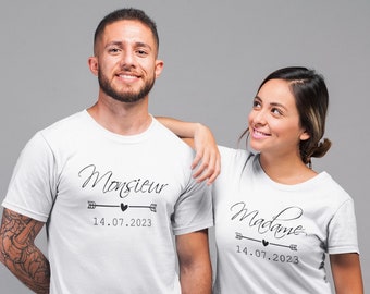 couple tee shirts mariage, monsieur madame + date cadeau EVJF lendemain de mariage