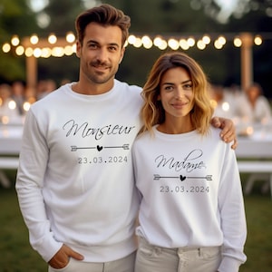 Mariage Sweat monsieur madame date, Sweatshirt de Mariage Personnalisé, Cadeau de Mariage original, Pull à Capuche Just Married image 1