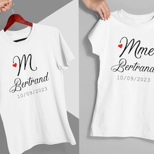 couple tee shirt madame monsieur nom de famille et date du mariage cadeau EVJF lendemain de mariage