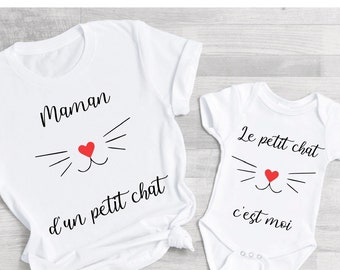 Tee shirt maman d'un petit chat, maman et moi, maman et bébé , tee shirt duo, tee shirt famille
