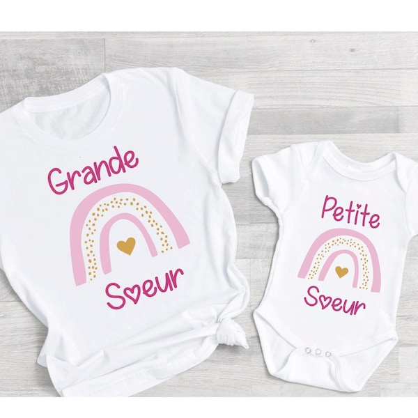 Cadeau naissance  tee shirt super grande soeur et body super petite soeur ,  annonce grossesse, future grande soeur  arc en ciel