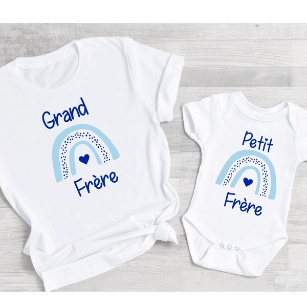 Cadeau naissance tee shirt super grand frère et body super petit frère,  annonce grossesse, futur grand frère, arc en ciel