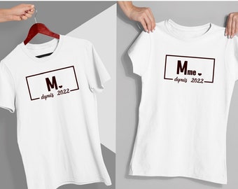 couple tee shirts  monsieur madame, date de mariage,cadeau EVJF ,lendemain de mariage, just married