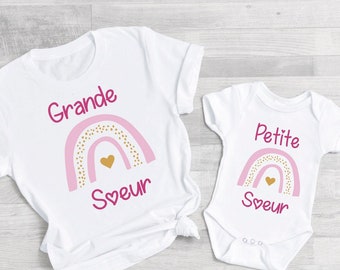 Cadeau naissance  tee shirt super grande soeur et body super petite soeur ,  annonce grossesse, future grande soeur  arc en ciel