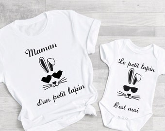 Tee shirt maman d'un petit lapin, t-shirt assortis pâques, maman et moi, maman et bébé , tee shirt duo, tee shirt famille