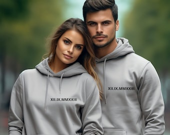 Hooded sweatshirt for couple, Roman numeral date sweatshirt, personalized couple gift