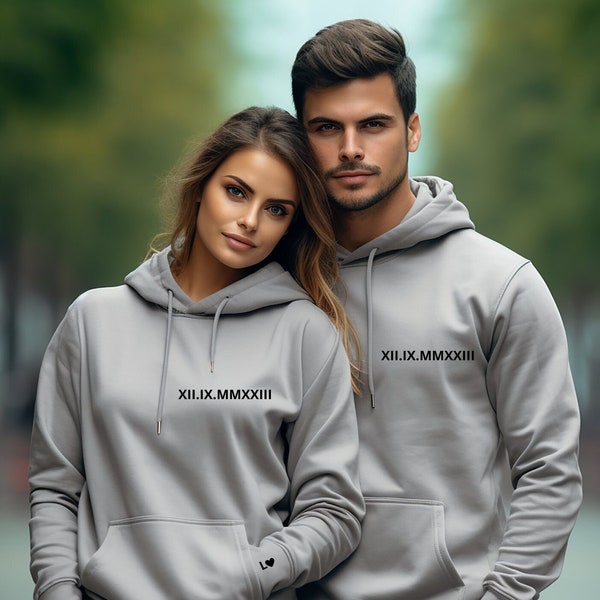 Sweat à capuche pour couple, sweat date chiffre romain , cadeau couple personnalisé