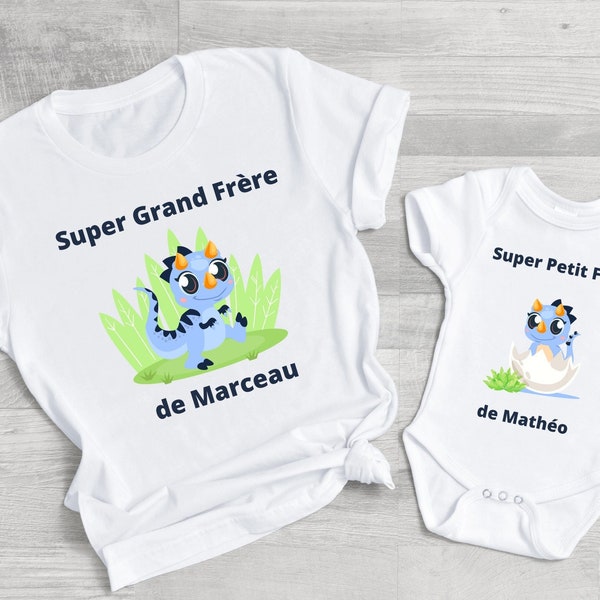 Cadeau naissance tee shirt super grand frère et body super petit frère collection dinosaure, cadeau grand frère personnalisé