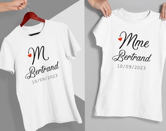 couple tee shirt madame monsieur nom de famille et date du mariage cadeau EVJF lendemain de mariage