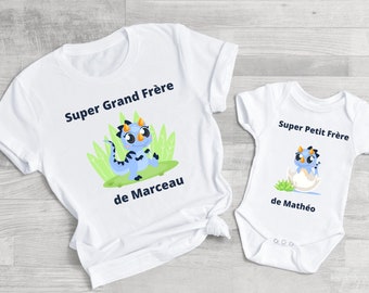 Cadeau naissance tee shirt super grand frère et body super petit frère collection dinosaure, cadeau grand frère personnalisé